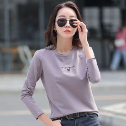 A Round Necked Long Sleeved T-shirt for Women with Autumn and Winter Embroidery, Korean Version, Oversized Base Coat, 95 Cotton, Cross-border Foreign Trade