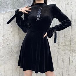 Casual Dresses Gothic Black Slim Chain Women Autumn Winter Solid Long Sleeve Embroidered Dress Sexy