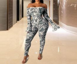 Gym Clothing Adogirl Money Dollar Print Sheer Mesh Jumpsuit Women Sexy Off Shoulder Long Flare Sleeve Skinny Romper Night Club Ove2119443