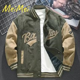 Mens Suede Baseball Jackets Vintage Letter Embroidery Patchwork Jacket Coat for Men Autumn Bomber Outerwear Streetwear 240111