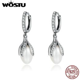 Earrings WOSTU Authentic 925 Sterling Silver Blooming Flower Petal Freshwater Pearl Drop Earrings for Women Luxury Silver Jewellery CQE259