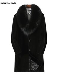 Mauroicardi Winter Long Black Thick Warm Fluffy Faux Fur Coat Men with Fox Fur Collar Single Breasted Plus Size Outerwear 5xl 240110