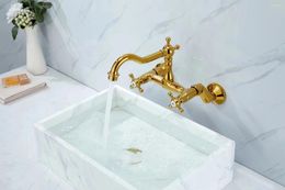 Bathroom Sink Faucets Luxury Brass Faucet Wall Mounted Copper Two Handles Holes Basin Mixer Tap Cold Water Lavabo Gold