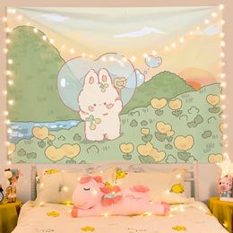 Small Fresh Home Tapestry Cartoon Cute Little Rabbit Bedside Hanging Cloth Background Dormitory Bedroom Decoration 240111