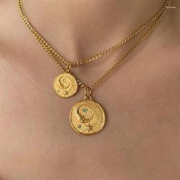 Pendant Necklaces Vintage Charm Transparent Zircon Stars Moon Round Coin Gold Color Copper Necklace For Women Girls Fashion Trend Jewelry