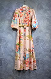 2024 Spring Floral Print Belted Buttons Dress Pink 1/2 Half Sleeve Stand Collar Long Maxi Casual Dresses T3J041514