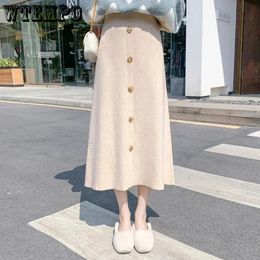 WTEMPO Fashion Beige Apricot Knitted Skirt Women Fall Winter High Elastic Waist Thickened Wool Long A-line Skirts Streetwear 240111