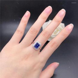 Cluster Rings Real White Gold 2CT Rectangle Sapphire Diamond Engagement Ring Women Love Promise 18K Birthday Gift Blue Gemstone