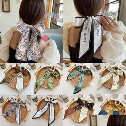 Headbands Fashion Korea Long Ribbon Pearls Hair Bands Headbands Bow Scrunchies For Women Girls Summer Floral Print Pontail Ties Drop Dhwox
