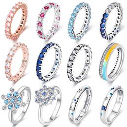 7-9 Authentic 925 Sterling Silver Rings For Women Romantic Pink Heart Shaped Zircon Snowflake Rings Fine Engagement Wedding Jewellery