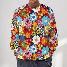 Men's Hoodies Floral Print Streetwear Sweatshirts Winter Blue Retro Bright Harajuku Man Oversized Casual Graphic O Neck Hoodie