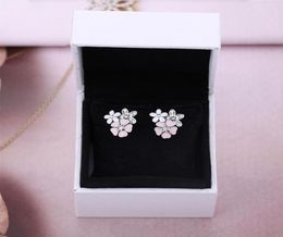 Authentic Sterling Silver Flowers Stud Earring box for Pink Enamel Daisy Cute women Girls Earrings sets5518577