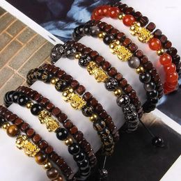 Strand 2 Pcs Chinese Feng Shui Obsidian Wood Bracelet Men Women Unisex Wristband Red Pixiu Charm Lucky Wealthy Gift