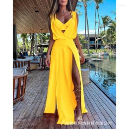 Work Dresses Wepbel Orange Vacation Style Dress Tropical Print Sleeveless High Slit Maxi With Bra Top Casual Sexy Suit