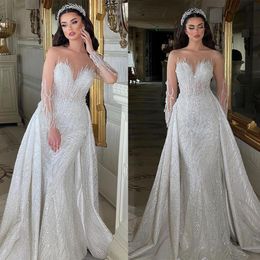 Elegant Beading Bridal Gowns Mermaid Wedding Dresses New Sweetheart Long Sleeve Bridal Gowns Brush Train Robe Vestido De Noiva Size Customised