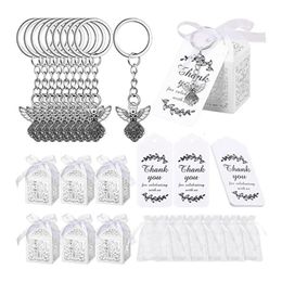 30Pcs/24Pcs Angel Keychain Pendant Favor Box Keychain Christening Gift Keyring with Thank You Kraft Pendant Bag for Kids 240110