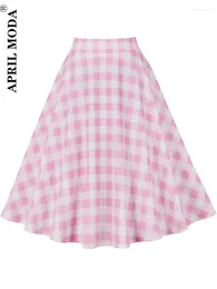 Skirts Pink High Waist Summer Runway Swing Plaid Print Sweet A Line Pinup Retro Vintage Rockabilly Skirt 50s 60s Casual Skater