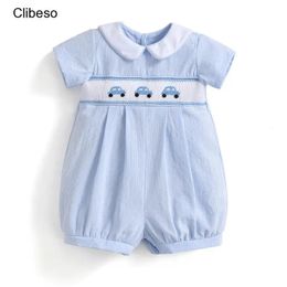 Clibeso Kids Summer Rompers Baby Boys Girls Boutique Handmade Embroidery Smocked Bodysuits Infants Striped Print Jumpsuit 240110