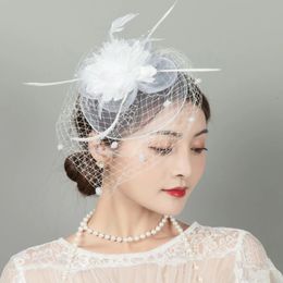 Vintage Bride Feather Headdress Veil Hair Accessories Mesh Hat Hairpin Studio Wedding Dress Accessories Korea Japan Black White 240110