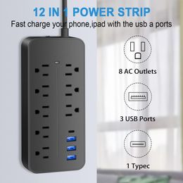 Surge Protector Power Strip förlängningssladd med USB C Svart platt plug-kraftremsa med 1,2 m sladd, 8 uttag och 3 USB 1 USB-C-port, 1700J Wall Mount Desk flera uttag