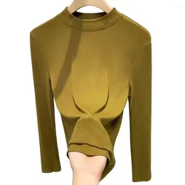 Women's Blouses Solid Colour Top Cosy Winter Plush Pullover Half-high Collar Long Sleeve Slim Fit Blouse Women