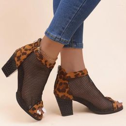 Sandals Female Leopard Breathable Thick Heel Short Boots Back Zip Mesh Fish Mouth Comfort High Heels Sandalias Femininas