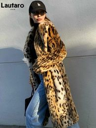 Lautaro Winter Long Warm Thick Leopard Fluffy Faux Fur Coat Women Tiger Print Runway Loose Luxury Designer Clothing Women 240111