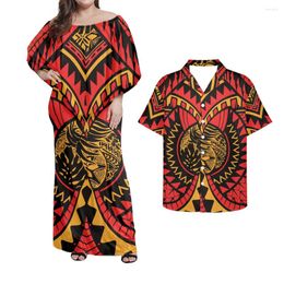 Casual Dresses Red Samoan Tonga Tribal Printing 2Pcs Couple Suits Elegant Party Dress Womens Matching Man Button Down Shirts Vestidos De