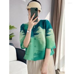 Women's Blouses Miyake Fashion Women Shirt Short Sleeve Round Collar Single Breasted Print Loose Blouse Casual Style 2024 Spring Female