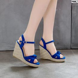 Sandals Size 34-46 Wedges Sandal Women Summer Platform Pumps Bohemia High Heel Ankle Strap Solid Flock Female Shoes Zapatos De Mujer