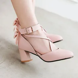 Dress Shoes Fashion Summer Pumps Women Pointed Toe Cross Strap Buckle High Heeled Bowtie Female Leather Thick Square Heels