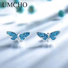 Earrings UMCHO Blue Dragonfly Sequins Stud Earrings Real 925 Sterling Silver Jewelry Romantic Earrings For Women Cute Birthday Gift