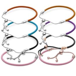 Bangles Multicolor Leather String Of Beads Sliding Clasp Adjustable Bracelet Fit Fashion 925 Sterling Silver Bead Charm DIY Jewelry