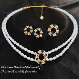 Sets HOYON Baroque Style Pearl Necklace Women's French 2 Carat Sapphire Diamond Earrings 18k gold Ring Wedding Anniversary Jewelry