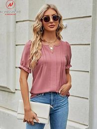 Women's T Shirts Fashion Women Summer Solid Colour T-Shirts Shrinkage Design Ruffles Decor V-Neck Puff Short Sleeve Loose Pullovers Top