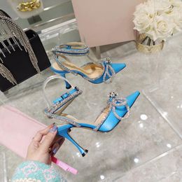 Heels Sandals 2024 High Rhinestone Bowknot Women's Shoes Pointed Toe Sequins Stilettos Wedding Hollowed Women 4891