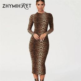 ZHYMIHRET Sexy Leopard Print Bodycon Dress Women Long Sleeve Midi Autumn Vestidos De Festa Club Wear 240111