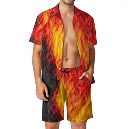 Men's Tracksuits Fire Blending Shirt 2Pcs Suit 3D Print Vintage Shirts Beach Shorts Oversized Vacation Hawaiian Trend Streetwear Man Suits
