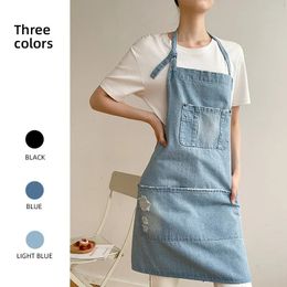 Black Blue Denim Simple Aprons Uniform Unisex Jeans Men Lady Chef Kitchen Cooking Apron Beauty Nails Cafe 240111