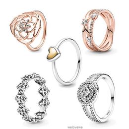 Rose Flower Gold Love 925 Silver Ring Pan Luxury Zirconia Heart Women Wedding Engagement Fine Jewelry Girl Promise Gift