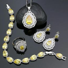 Sets Fashion Women 925 Sterling Silver Jewelery Yellow Cubic Zirconia Crystal Earrings/Pendant/Necklace/Ring/Bracelet Jewelry Sets