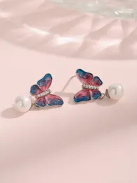 Stud Earrings Selling Sterling 925 Silver Women's With Blue Pink Butterfly And Pearl