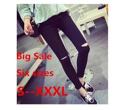 Jeans RenYvtil Plus Size 2020 High Elastic Cotton Women Black High Waist Torn Jeans Ripped Knee Skinny Pencil Pants Slim Capris 3XL