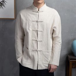 Chinese Style Shirts Men Retro Cotton Linen Traditional Tang Suit Top Cardigan Kung Fu Tai Chi Casual Men's Blouses Clothing 240111