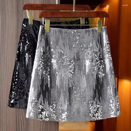 Skirts Limiguyue Spring Autumn Silvery Sequined Skirt Women Luxury Femme Hip Wrap Mini High Waist Evening Party Short E263