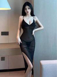 Casual Dresses 2024 Summer Women's Sexy Spicy Girl Transparent Gauze High Split Slim Wrap Hip Sling Temptation Solid Colour Dress Pyjamas