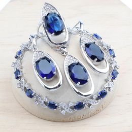 Sets 925 Silver Jewellery Sets For Women Bridal Blue Zirconia Wedding Stone Earrings Rings Pendant Bracelets Necklace Set