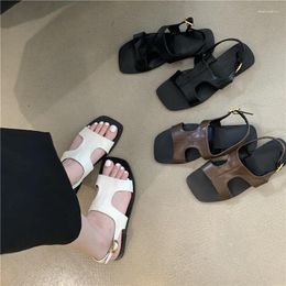 Sandals Classic Leather Women Elegant Square Toe Summer Shoes Luxury Beach Flats Ankle Buckle Sandalias 2024 Zapatillas