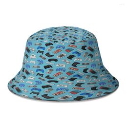 Berets Video Game Controller Background Gadgets Seamless Pattern Bucket Hat Women Men Students Foldable Bob Fisherman Hats Panama Cap