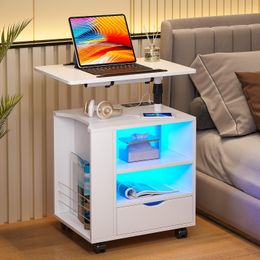 HNEBC LED Nightstand with Wireless Charging Station,Nightstand Has Adjustable Rotary Table,with One Drawer and 2 Mezzanines/Infrared Induction 3 Colour Lighting